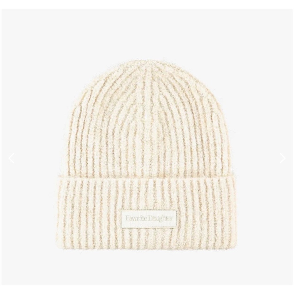 NWT Favorite Daughter Logo Patch Ribbed Knit Beanie Ivory Minimalist Fall Winter